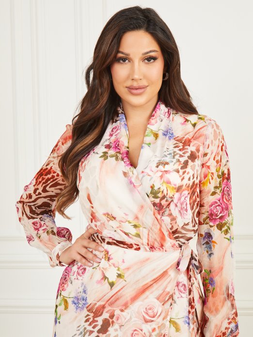 Ruža Svilena Haljina S Omotom Ruža Sjena Print Pogodi Kupnja