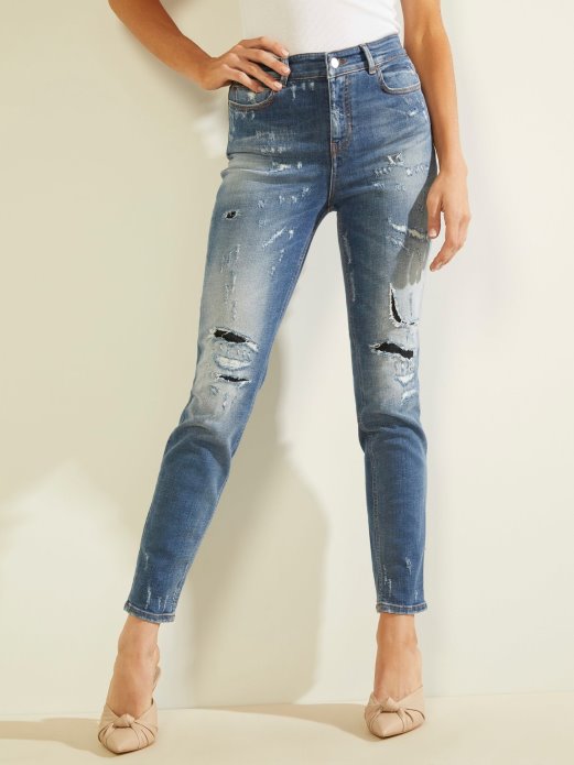 Skinny Fit Traper Hlače Abrazije Guess Shopping Plava