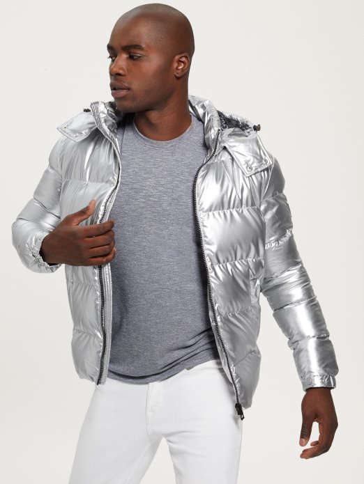 Srebrna Metalik Pufer Jakna Guess Shopping