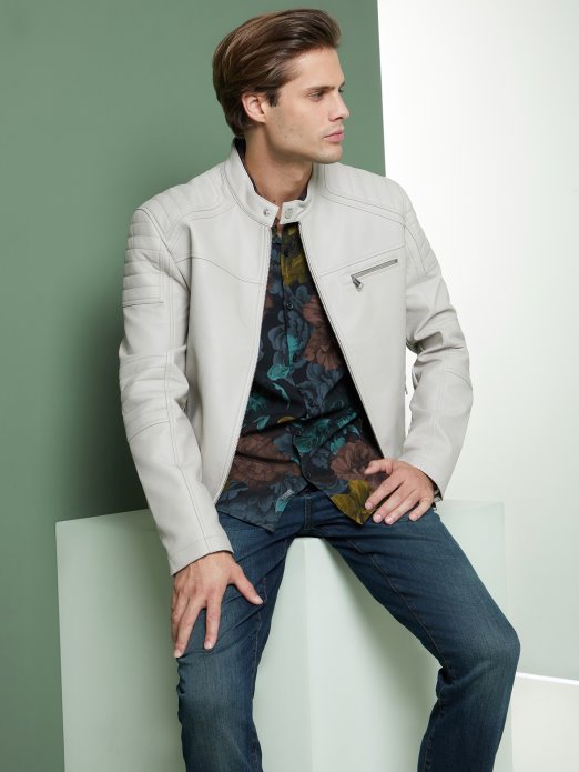 Vintage Bijela Guess Shopping Daniel Biciklistička Jakna Od Umjetne Kože