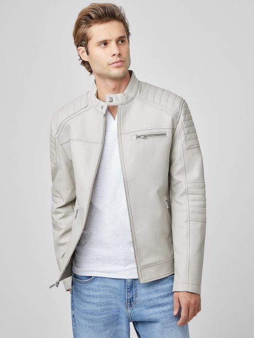 Vintage Bijela Guess Shopping Daniel Biciklistička Jakna Od Umjetne Kože