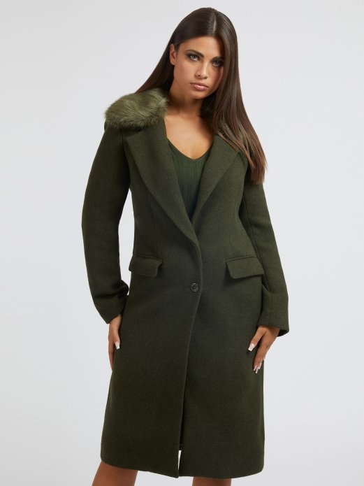 Zelena Guess Shopping Kaput Od Mješavine Vune S Ovratnikom Od Umjetnog Krzna