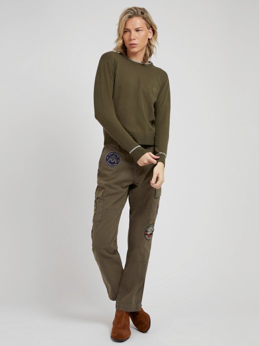 Zeleni Rastezljivi Pamučni Pulover S Okruglim Izrezom Pogodite Kupnju