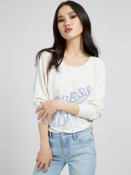 Guess Shopping Bijeli Džemper S Logotipom Od štrasa