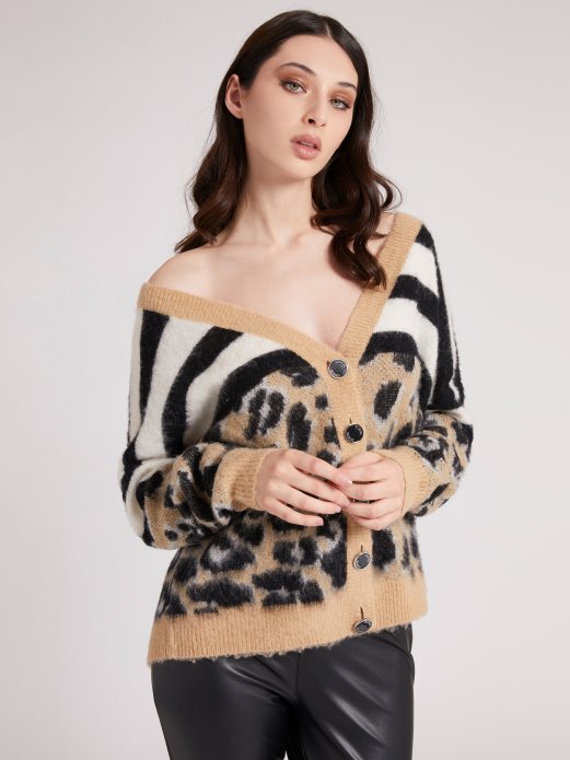 Guess Shopping Animalier Kardigan Od Mješavine Vune Multi Bež