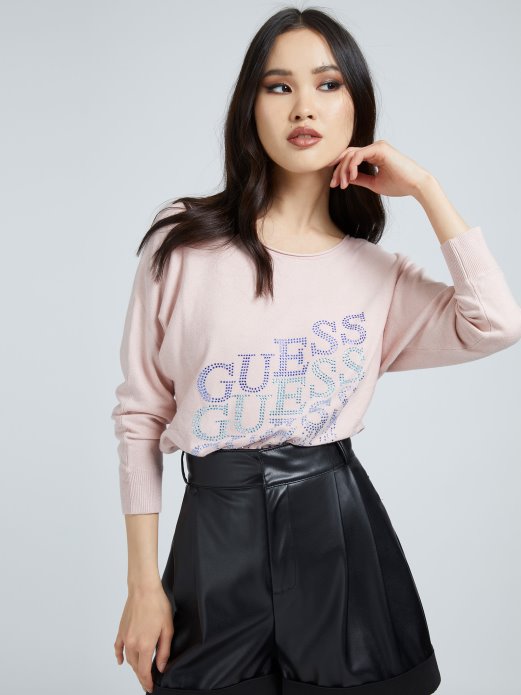 Guess Shopping Džemper S Logotipom Od štrasa Svijetloružičast