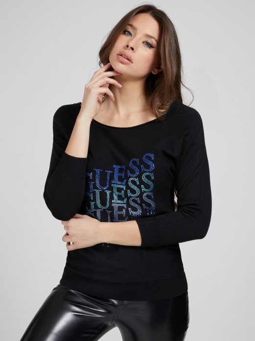 Guess Shopping Džemper S Logotipom Od Kamenčića Crni