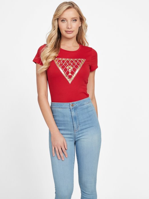 Guess Shopping Ragbi Crvena Mrežasta Majica S Logotipom Od Kamenčića