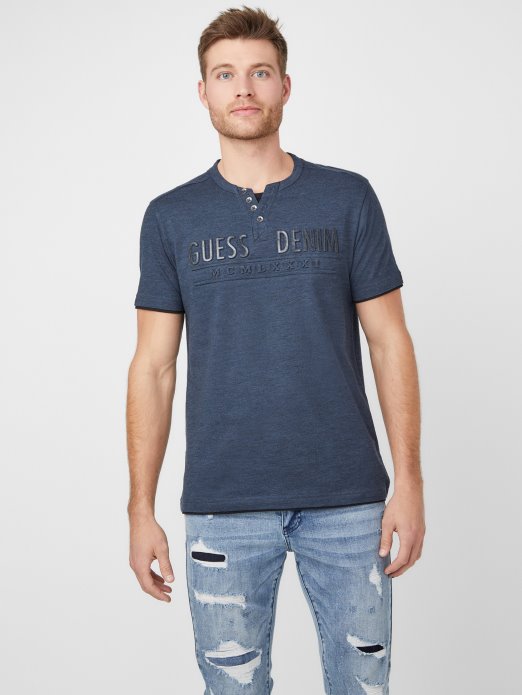Guess Shopping Officer Blue Mulit Edgar Marled Henley Tee