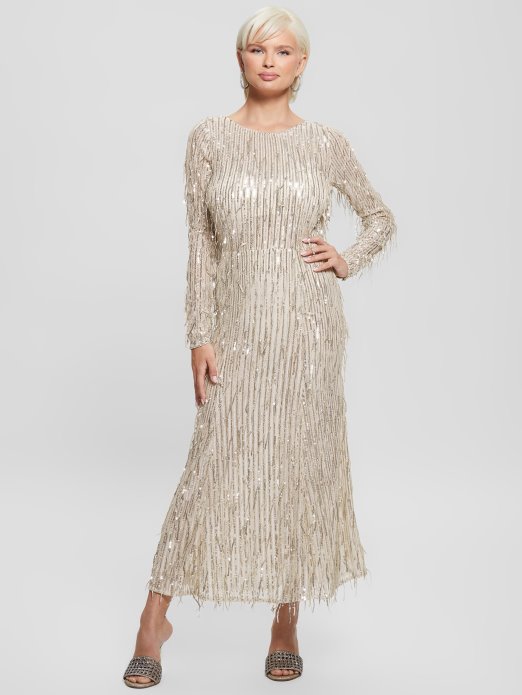 Guess Shopping Off Bijela Multi Elodie šljokičasta Haljina S Resicama