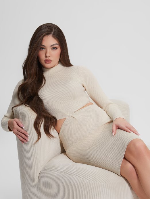 Guess Shopping Dove Bijela Eko Jamia Midi Haljina S Uvijenim Rebrima