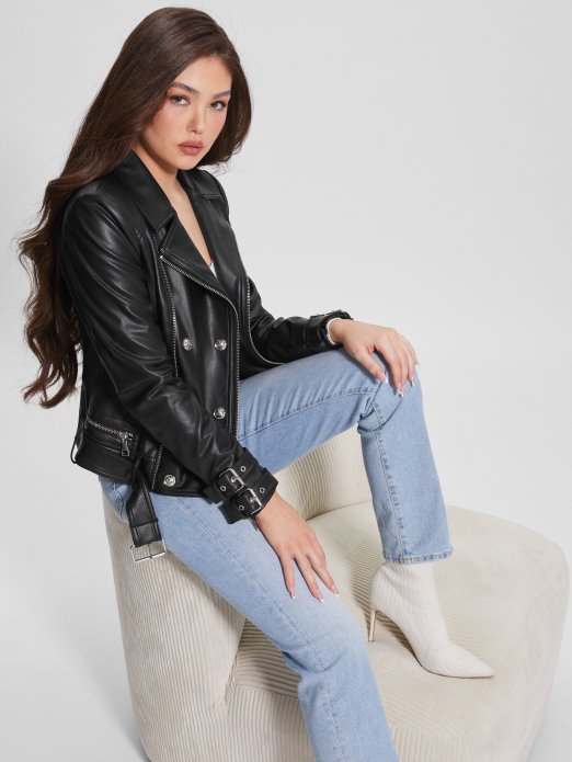 Guess Shopping Olivia Moto Jakna Od Umjetne Kože Jet Crna Multi