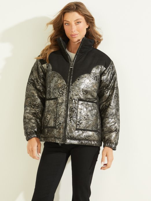 Guess Shopping Jet Crna Loise Kožna Pufer Jakna