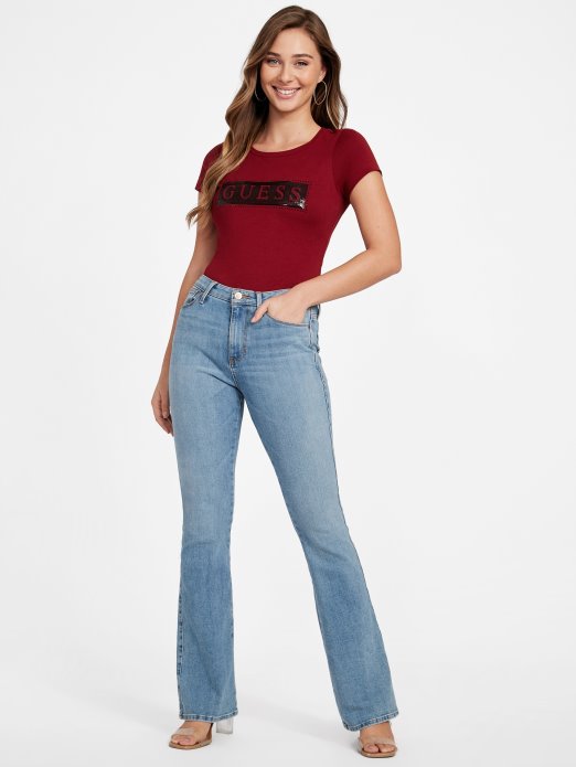 čelična Majica Sa šljokicama I Kamenčićima Guess Shopping Beet Juice Crvena